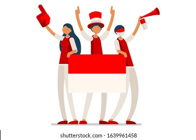 Crowd of persons celebrate national day of Indonesia with a flag. Indonesian people celebrating a football team. Soccer symbol and victory celebration. Sports cartoon symbolic flat vector illustration