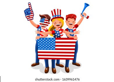 Crowd of persons celebrate national day of US with a flag. American people celebrating a football team. USA soccer symbol and victory celebration. Sports cartoon symbolic flat vector illustration.