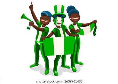 Crowd of persons celebrate national day of Nigeria with a flag. Nigerian people celebrating a football team. Soccer symbol and victory celebration. Sports cartoon symbolic flat vector illustration