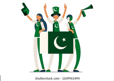 Crowd of persons celebrate national day of Pakistan with a flag. Pakistani people celebrating a football team. Soccer symbol and victory celebration. Sports cartoon symbolic flat vector illustration