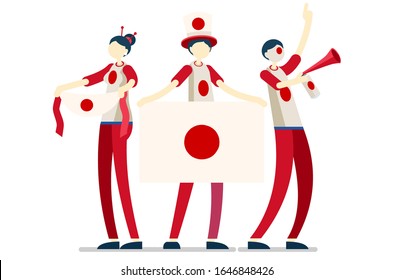 Crowd of persons celebrate national day of Japan with a flag. Japanese people celebrating a football team. Soccer symbol victory celebration. Sports cartoon symbolic flat vector illustration