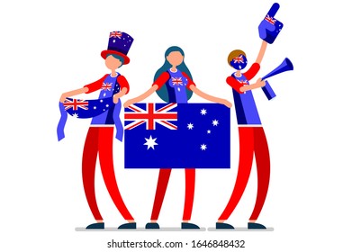 Crowd of persons celebrate national day of Australia with a flag. Australian people celebrating a football team. Soccer symbol and victory celebration. Sports cartoon symbolic flat vector illustration
