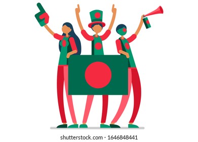 Crowd of persons celebrate national day of Bangladesh with a flag. Bangladeshi people celebrating a football team. Soccer symbol and victory celebration. Sports cartoon symbolic flat vector