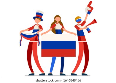 Crowd of persons celebrate national day of Russia with a flag. Russian people celebrating a football team. Soccer symbol and victory celebration. Sports cartoon symbolic flat vector illustration