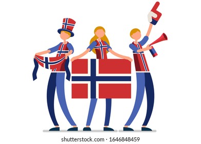 Crowd of persons celebrate national day of Norway with a flag. Norwegian people celebrating a football team. Soccer symbol and victory celebration. Sports cartoon symbolic flat vector illustration