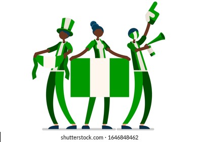 Crowd of persons celebrate national day of Nigeria with a flag. Nigerian people celebrating a football team. Soccer symbol and victory celebration. Sports cartoon symbolic flat vector illustration