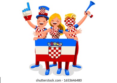 Crowd of persons celebrate national day of Croatia with a flag. Croatian people celebrating a football team. Soccer symbol and victory celebration. Sports cartoon symbolic flat vector illustration