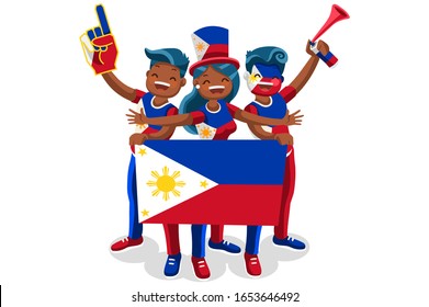 Crowd of persons celebrate national day of Philippines with a flag. Philippine people celebrating a football team. Soccer symbol and victory celebration. Sports cartoon symbolic flat vector