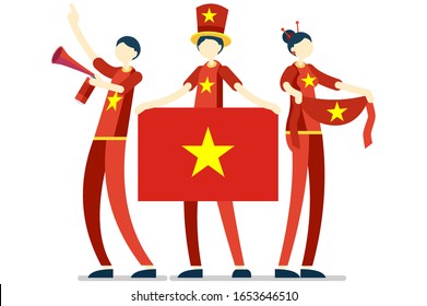 Crowd of persons celebrate national day of Vietnam with a flag. Vietnamese people celebrating a football team. Soccer symbol and victory celebration. Sports cartoon symbolic flat vector illustration