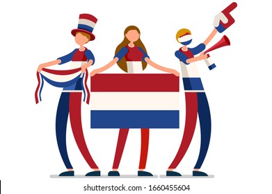Crowd of persons celebrate national day of Netherland with a flag. Dutch people celebrating a football team. Soccer symbol and victory celebration. Sports cartoon symbolic flat vector illustration
