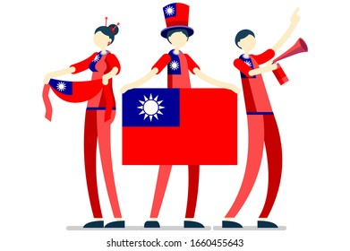 Crowd of persons celebrate national day of Taiwan with a flag. Taiwanese people celebrating a football team. Soccer symbol and victory celebration. Sports cartoon symbolic flat vector illustration