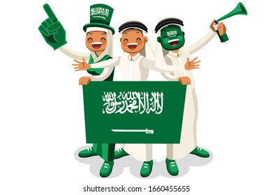 Crowd of persons celebrate national day of Saudi Arabia with a flag. Saudi people celebrating a football team. Soccer symbol and victory celebration. Sports cartoon symbolic flat vector illustration