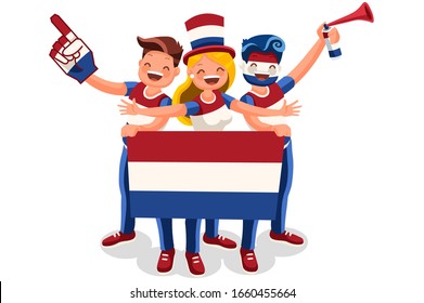 Crowd of persons celebrate national day of Netherland with a flag. Dutch people celebrating a football team. Soccer symbol and victory celebration. Sports cartoon symbolic flat vector illustration
