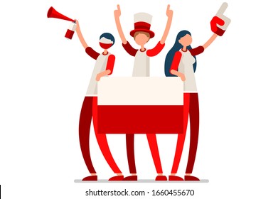 Crowd of persons celebrate national day of Poland with a flag. Polish people celebrating a football team. Soccer symbol and victory celebration. Sports cartoon symbolic flat vector illustration