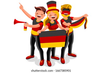 Crowd of persons celebrate national day of Germany with a flag. German people celebrating a football team. Soccer symbol and victory celebration. Sports cartoon symbolic flat vector illustration