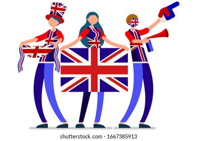 Crowd of persons celebrate national day of UK with a flag. English people celebrating a football team. Soccer symbol and victory celebration. Sports cartoon symbolic flat vector illustration