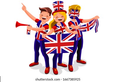 Crowd of persons celebrate national day of UK with a flag. English people celebrating a football team. Soccer symbol and victory celebration. Sports cartoon symbolic flat vector illustration