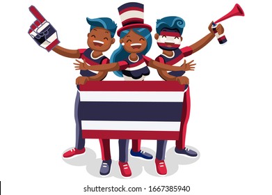 Crowd of persons celebrate national day of Thailand with a flag. Thai people celebrating a football team. Soccer symbol and victory celebration. Sports cartoon symbolic flat vector illustration