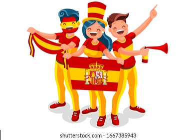 Crowd of persons celebrate national day of Spain with a flag. Spanish people celebrating a football team. Soccer symbol and victory celebration. Sports cartoon symbolic flat vector illustration