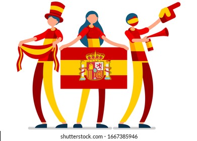 Crowd of persons celebrate national day of Spain with a flag. Spanish people celebrating a football team. Soccer symbol and victory celebration. Sports cartoon symbolic flat vector illustration