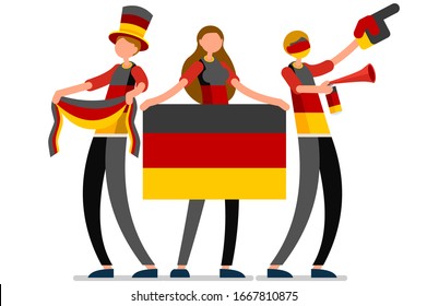 Crowd of persons celebrate national day of Germany with a flag. German people celebrating a football team. Soccer symbol and victory celebration. Sports cartoon symbolic flat vector illustration