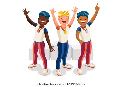 Crowd of persons celebrate summer games, athletics gold medal. Sportive people celebrating athletes team podium victory celebration. Male athlete symbol, sports cartoon symbolic vector illustration.