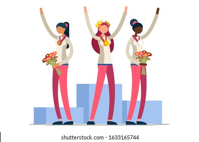 Crowd Of Persons Celebrate Summer Games, Athletics Gold Medal. Sportive People Celebrating Athletes Team Podium Victory Celebration. Female Athlete Symbol, Sports Cartoon Symbolic Vector Illustration.