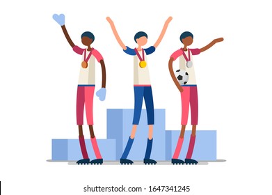 Crowd of persons celebrate summer games athletics medal. Sportive people celebrating soccer team. Footballer athlete symbol on victory celebration. Sports cartoon symbolic flat vector