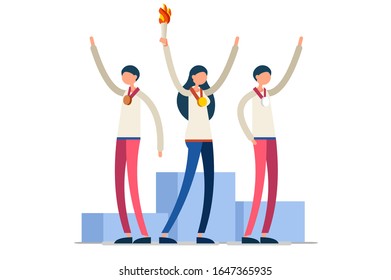 Crowd of persons celebrate summer games, athletics gold medal. Sportive people celebrating, athletes team. Athlete symbol of victory celebration. Sports cartoon symbolic flat vector illustration