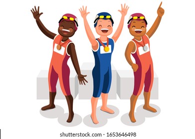 Multitud de personas celebra la medalla de atletismo de los juegos de verano. Gente deportiva celebrando al equipo de natación. Símbolo de atleta nadador en celebración de la victoria. Dibujo portador simbólico vectorial plano deportivo