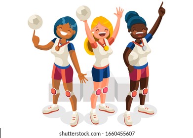 Crowd of persons celebrate summer games athletics medal. Sportive people celebrating handball team. Handball player athlete symbol victory celebration. Sports cartoon symbolic flat vector illustration