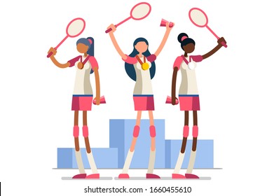 Crowd of persons celebrate summer games athletics medal. Sportive people celebrating badminton team. Badminton player athlete symbol victory celebration. Sports cartoon symbolic flat vector