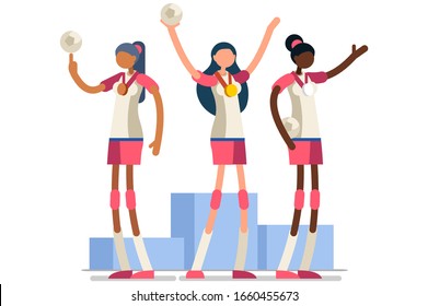 Crowd of persons celebrate summer games athletics medal. Sportive people celebrating handball team. Handball player athlete symbol victory celebration. Sports cartoon symbolic flat vector illustration