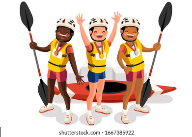 Crowd of persons celebrate summer games athletics medal. Sportive people celebrating canoeing kayak team. Canoeist athlete symbol victory celebration. Sports cartoon symbolic flat vector illustration.