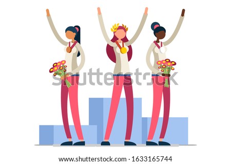 Crowd of persons celebrate summer games, athletics gold medal. Sportive people celebrating athletes team podium victory celebration. Female athlete symbol, sports cartoon symbolic vector illustration.