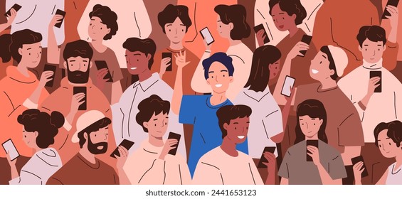 Crowd phone addiction. Addicted many people smartphone technology and addict free man, social media cellphone obsession, person with phones read news vector illustration of smartphone communication