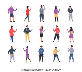 Crowd with phones. Cartoon persons holding and talking on smartphone, men and women with gadgets. Vector set. Young people walking with devices, surfing internet, chatting online in social media