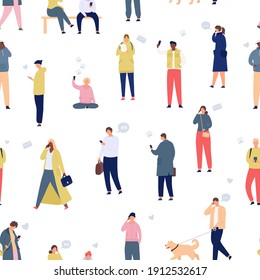 Crowd with phones seamless pattern. Walking people using smartphones and gadgets. Mobile lifestyle and communication cartoon vector concept. Man and woman with devices addiction, online life