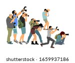 Crowd of photographer with camera vector illustration. Paparazzi shooting movie star event. Photo reporter on duty. Sport photography. Journalist work for breaking news. Wedding fashion photographer. 