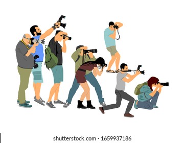 Crowd of photographer with camera vector illustration. Paparazzi shooting movie star event. Photo reporter on duty. Sport photography. Journalist work for breaking news. Wedding fashion photographer. 