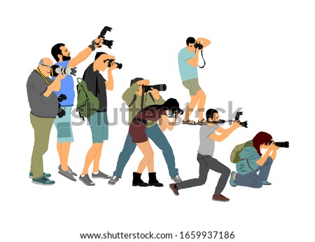 Crowd of photographer with camera vector illustration. Paparazzi shooting movie star event. Photo reporter on duty. Sport photography. Journalist work for breaking news. Wedding fashion photographer. 