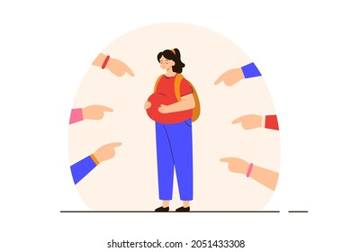 Crowd pointing at pregnant teen and shaming young mother. Unwanted and early pregnancy concept. Modern flat vector illustration