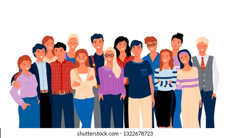 Crowd posing together, group portrait view, smiling people in casual clothes, hugging men and women. Embracing friends or relatives, meeting vector