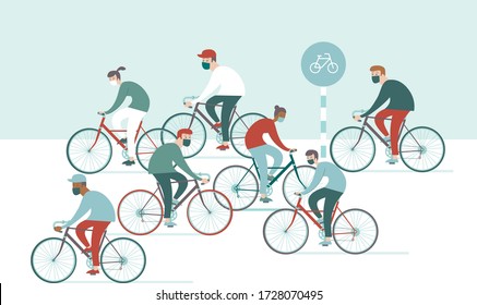 Crowd of cyclist on daly exercise wearing protective face masks during the coronavirus COVID-19 outbreak. Flat vector illustration