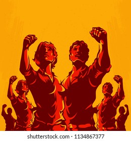 Crowd protest fist revolution poster design. Propaganda Background Style.