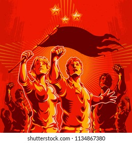 Crowd protest fist revolution poster design. Men and women leader in front of a crowd. Propaganda Background Style.