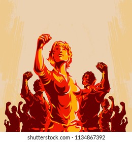 Crowd protest fist revolution poster design. Women leader in front of a crowd. Propaganda Background Style.