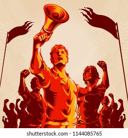 Crowd protest fist revolution poster design. Man leader in front of a crowd holding megaphone. Propaganda Background Style.