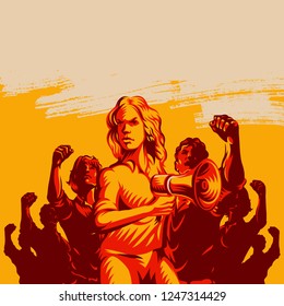 Crowd protest fist revolution poster design. Women leader in front of a crowd holding megaphone. Propaganda Background Style.