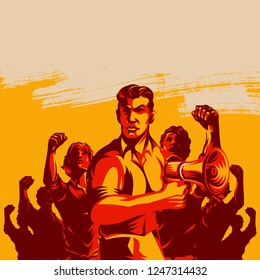 Crowd protest fist revolution poster design. Man leader in front of a crowd holding megaphone. Propaganda Background Style.